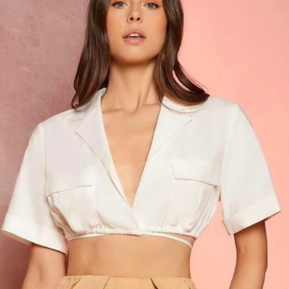 Lapel collar flap pocket cross cross crop top